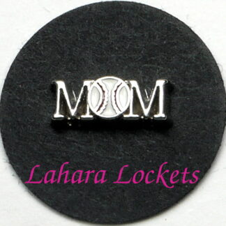 This floating charm is the word mom in silver with a baseball as the o.