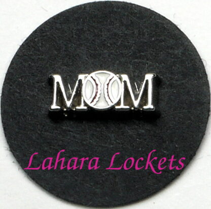 This floating charm is the word mom in silver with a baseball as the o.