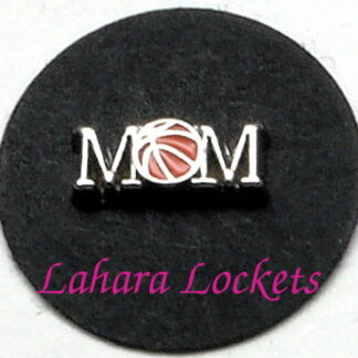 This floating charm says mom in silver letters and the o is a basketball.