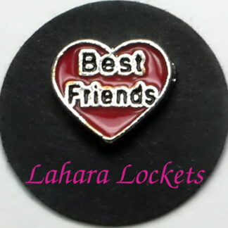 This floating charm is a red heart that says best friends in black lettering.