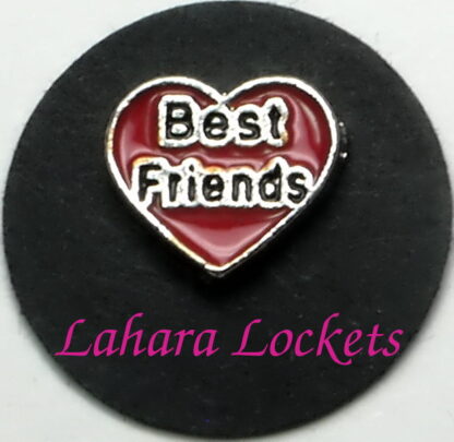 This floating charm is a red heart that says best friends in black lettering.
