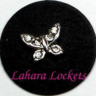 This floating charm is a silver butterfly with clear gems and is compatible with all memory lockets.