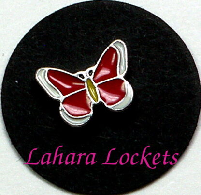 This floating charm is a red butterfly with white tipped wings and is compatible with all memory lockets.