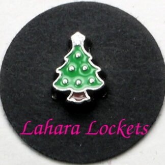 This floating charm is a green, Christmas tree with silver ornaments and star on the top.