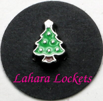 This floating charm is a green, Christmas tree with silver ornaments and star on the top.