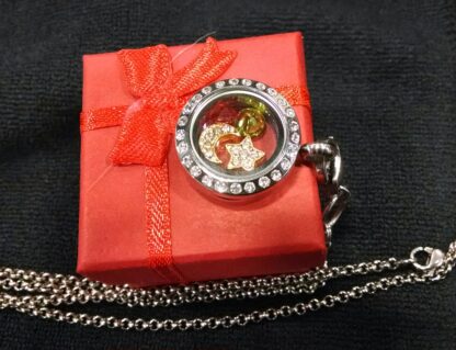 Petite silver finish locket with gold finsh moon and star paired with red and green floating charm gems