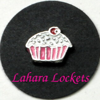 This floating charm is a cupcake with pink liner, white frosting and red cherry on top.