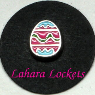 This floating charm is an Easter eg with green, pink and blue stripes.