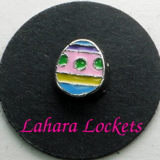This floating charm is an Easter egg with blue, purple, pink and yellow stripes and green dots.