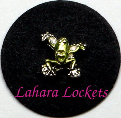 This floating charm is a metallic green frog with the shape of a heart on his back. Compatible with all memory lockets.