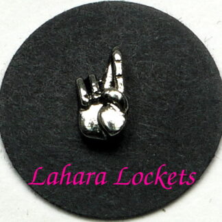 This floating charm is a silver hand with crossed fingers to signify good luck.