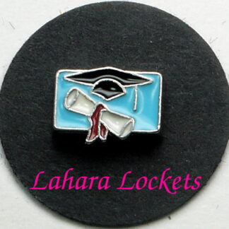 This floating charm is a blue rectangle with white diploma and black graduation cap on it