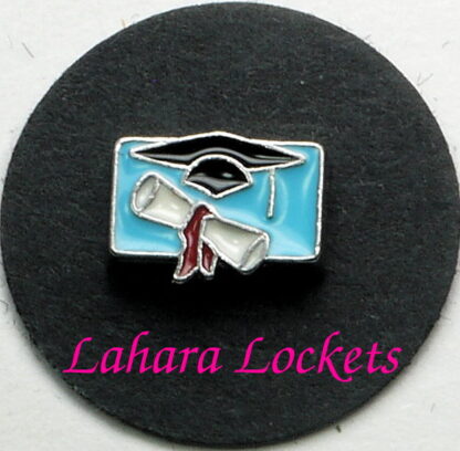 This floating charm is a blue rectangle with white diploma and black graduation cap on it