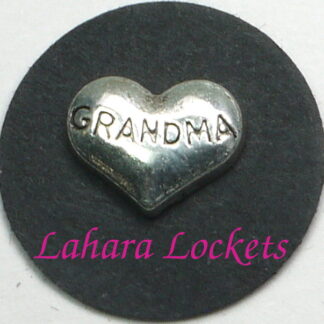 This floating charm is a silver heart inscribed with the word grandma.
