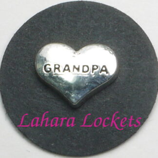 This floating charm is a silver heart inscribed with grandpa.