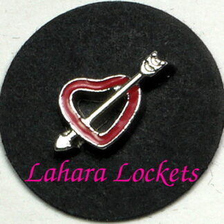 This floating charm is a red heart outline with a silver arrow through it.