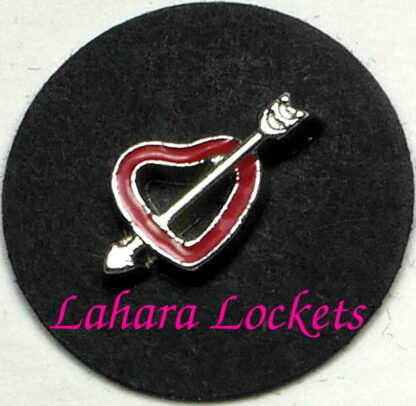 This floating charm is a red heart outline with a silver arrow through it.