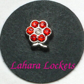 This floating charm is a silver flower with red birthstone gems.