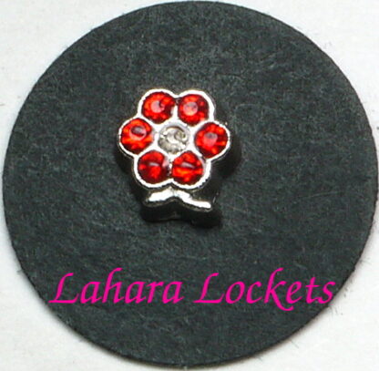 This floating charm is a silver flower with red birthstone gems.
