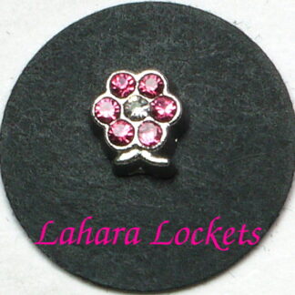 This floating charm is a silver flower with pink, June birthstone gems.