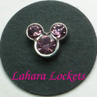 This floating charm is silver with pink, June birthstones in the shape of Mickey Mouse.
