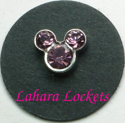 This floating charm is silver with pink, June birthstones in the shape of Mickey Mouse.