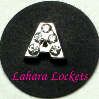 This floating charm is a silver letter A with clear gems.