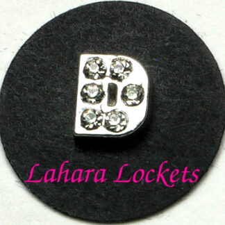 This floating charm is a silver letter D with clear gems.