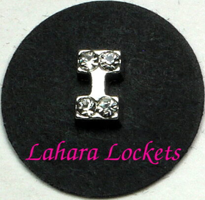 This floating charm is a silver letter I with clear gems.