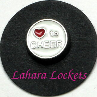 This floating charm is a white circle that says love to cheer with a heart in place of the word love.