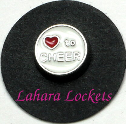 This floating charm is a white circle that says love to cheer with a heart in place of the word love.