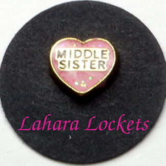 This floating charm is a pink heart that says little sister in black letters.