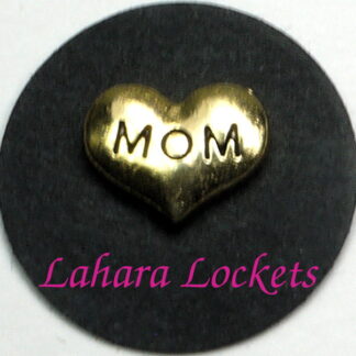 This floating charm is a gold heart that says mom in black letters.