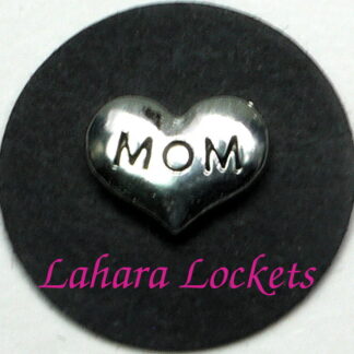 This floating charm is a silver heart that says mom in black letters.