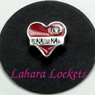 This red, heart floating charm has mum scrolled across the front.