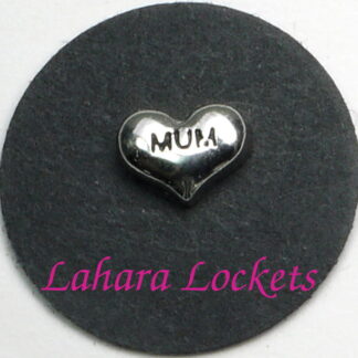 This floating charm is silver heart that says mum in black letters.