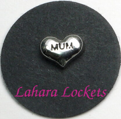 This floating charm is silver heart that says mum in black letters.