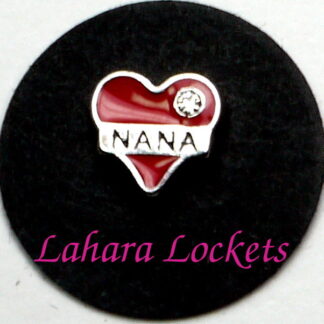This floating charm is red heart that says nana across the front in silver.