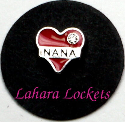 This floating charm is red heart that says nana across the front in silver.