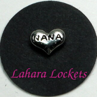 This floating charm is a silver heart that says nana in black letters.