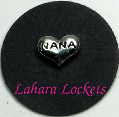 This floating charm is a silver heart that says nana in black letters.