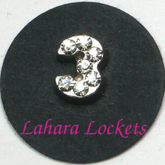 This floating charm is a silver, number three with clear gems.