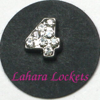 This floating charm is a silver, number four with clear gems.