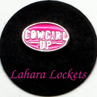 This floating charm is oval and pink with the words cowgirl up written in silver. Compatible with all memory lockets.