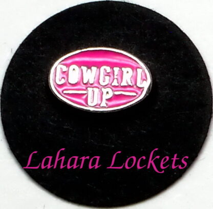 This floating charm is oval and pink with the words cowgirl up written in silver. Compatible with all memory lockets.