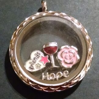 Silver locket with wine, pink flower, hope and friends floating charms
