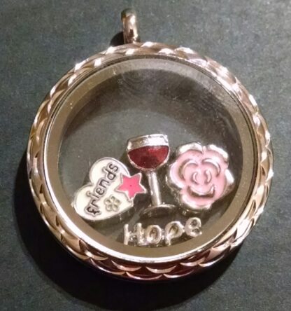 Silver locket with wine, pink flower, hope and friends floating charms