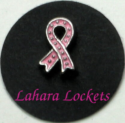 This floating charm is a pink ribbon with silver dots as decoration.