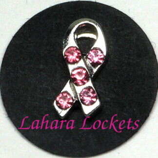 This floating charm is a silver ribbon with five, pink gems signifying it as a pink ribbon.