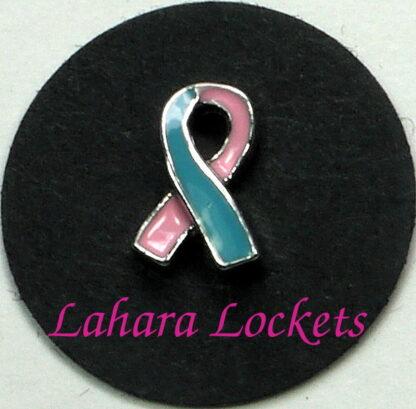 This floating charm is a pink and blue ribbon.